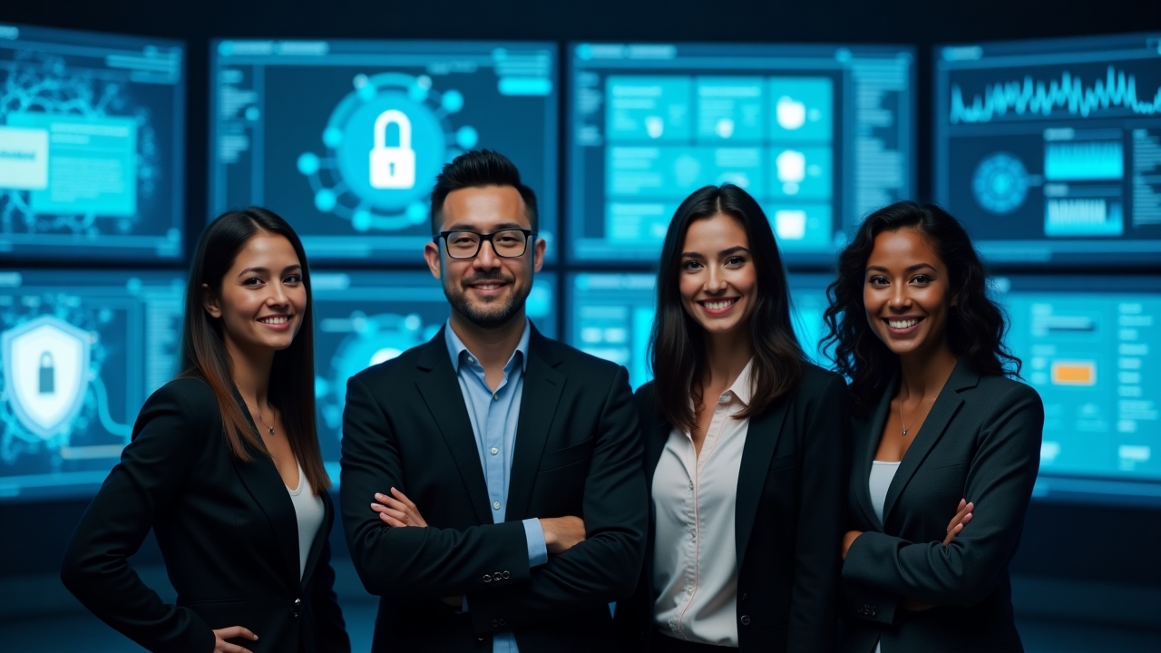 Equipo de educadores en seguridad digital en ambiente profesional